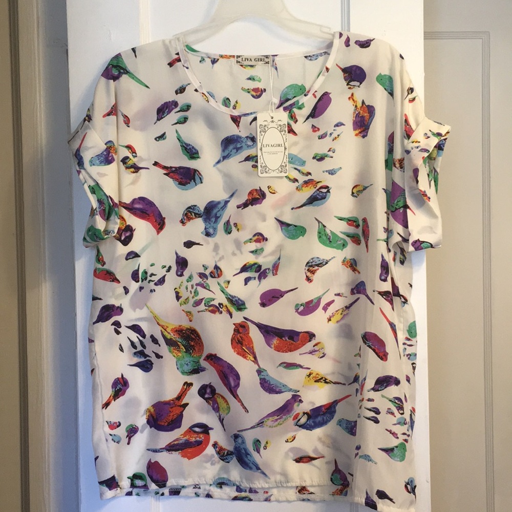 NWT Liva Girl Bird Print Short-Sleeve Top, Size XL